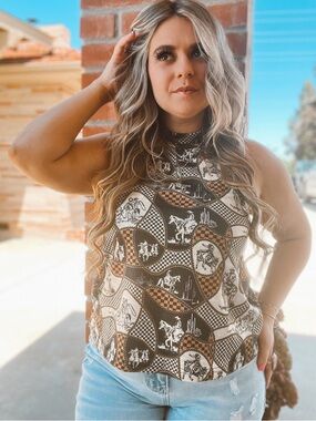 Sleeveless High-Neck Print Tank Top - Brown & Black